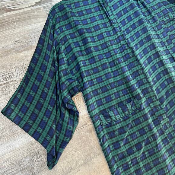 Addiction Kimono Robe 100% Silk Green Navy Plaid Open Front Duster Jacket - Picture 2 of 6